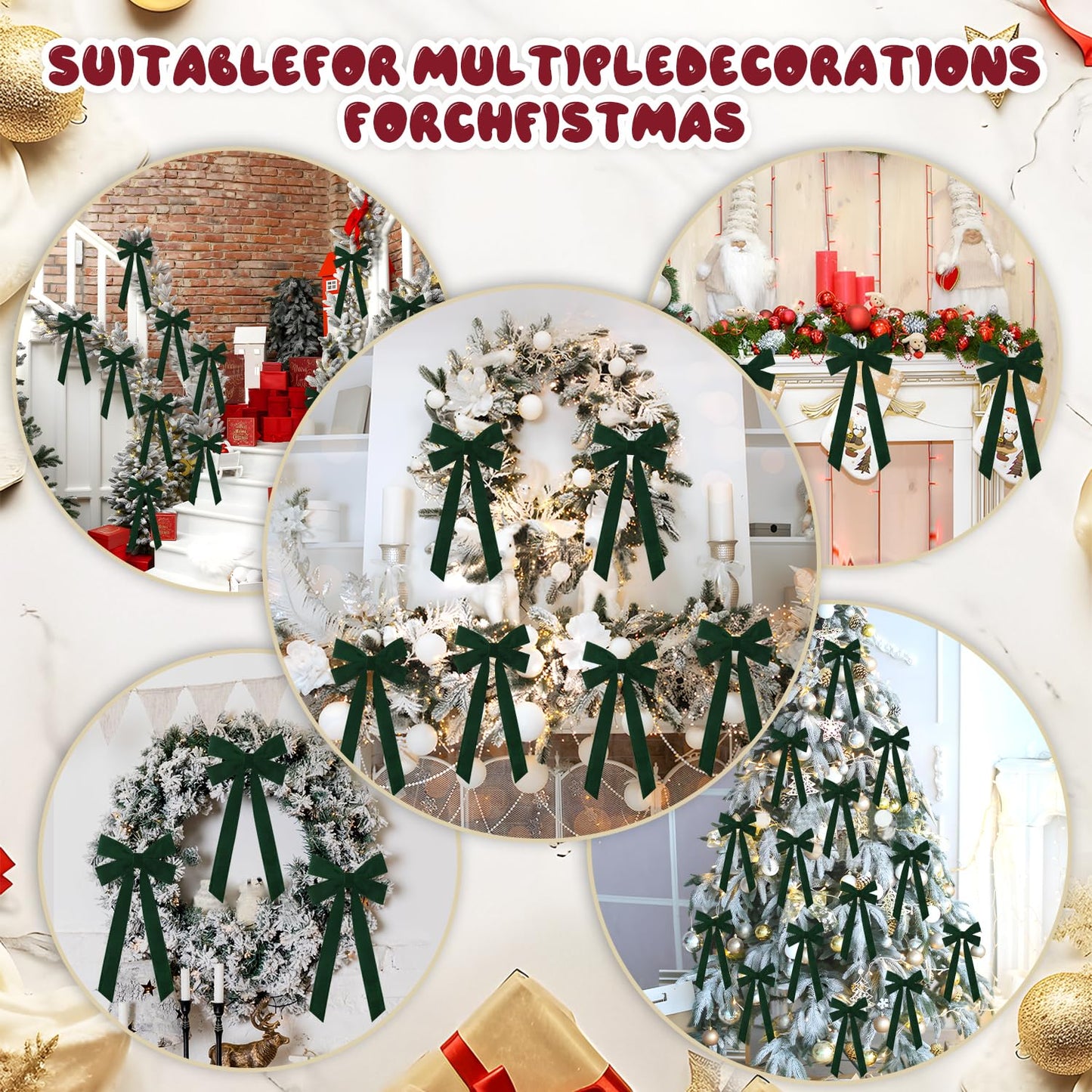 JOICEE 15Pcs Christmas Velvet Bows, 5in x 12in Christmas Tree Bows Rustic Crafts Gift Wrapping Bows Xmas Ornaments for Wreath Garland Tree Decorations Indoor Outdoor Holiday Decor(Green)