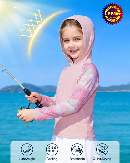 DRONIRING Boys Rash Guard Swim Hoodie, UPF 50+ UV Sun Protection Long Sleeve Fishing Shirt, Kids Youth SPF Water Shirts Pink