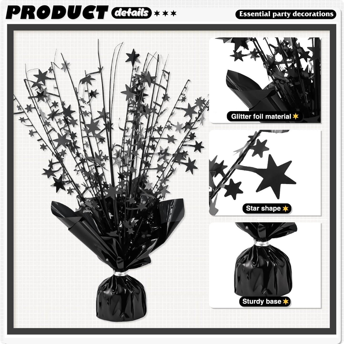 6 Pack Metallic Foil Spray Centerpiece Star Table Decoration Burst Table Centerpieces for Birthday Weddings Anniversaries Christmas New Year Holiday Party Supplies Decor (Black)