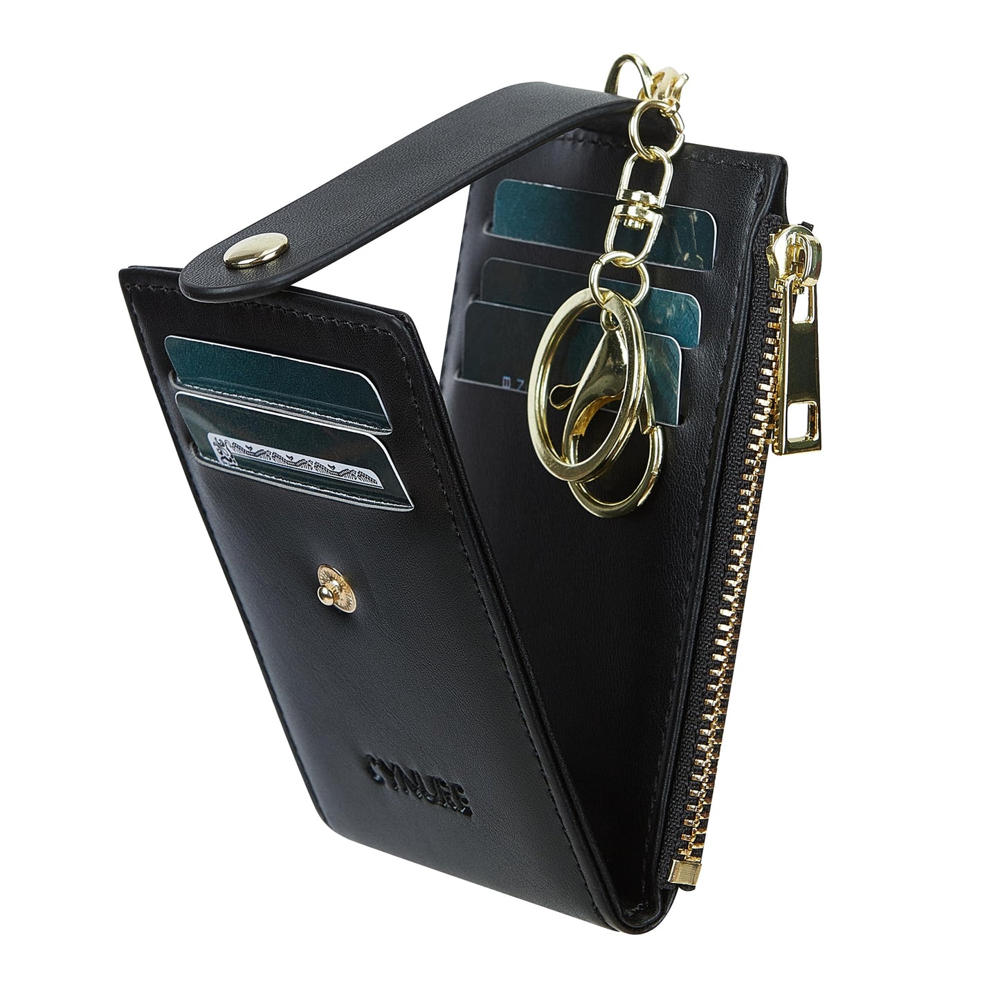Cynure Women Leather RFID Blocking Card Holder Slim Small Zipper Keychain Front Pocket Wallet with 2 ID Window, 1-plain black