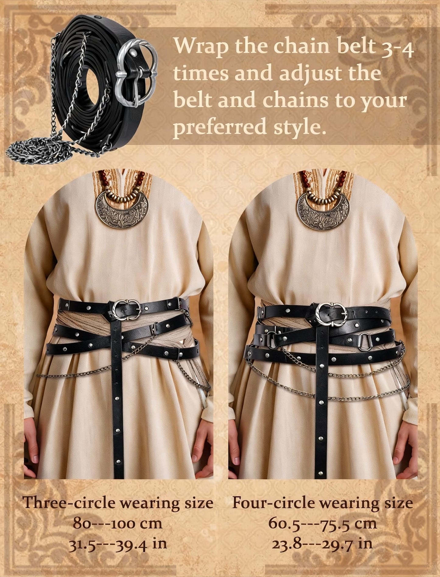 Minhuida Medieval Belt with Renaissance Bag & Detachable Chains, Vintage Faux Leather Waist Pouch Dresses Belt Halloween Cosplay Costume Accessorie (Black)