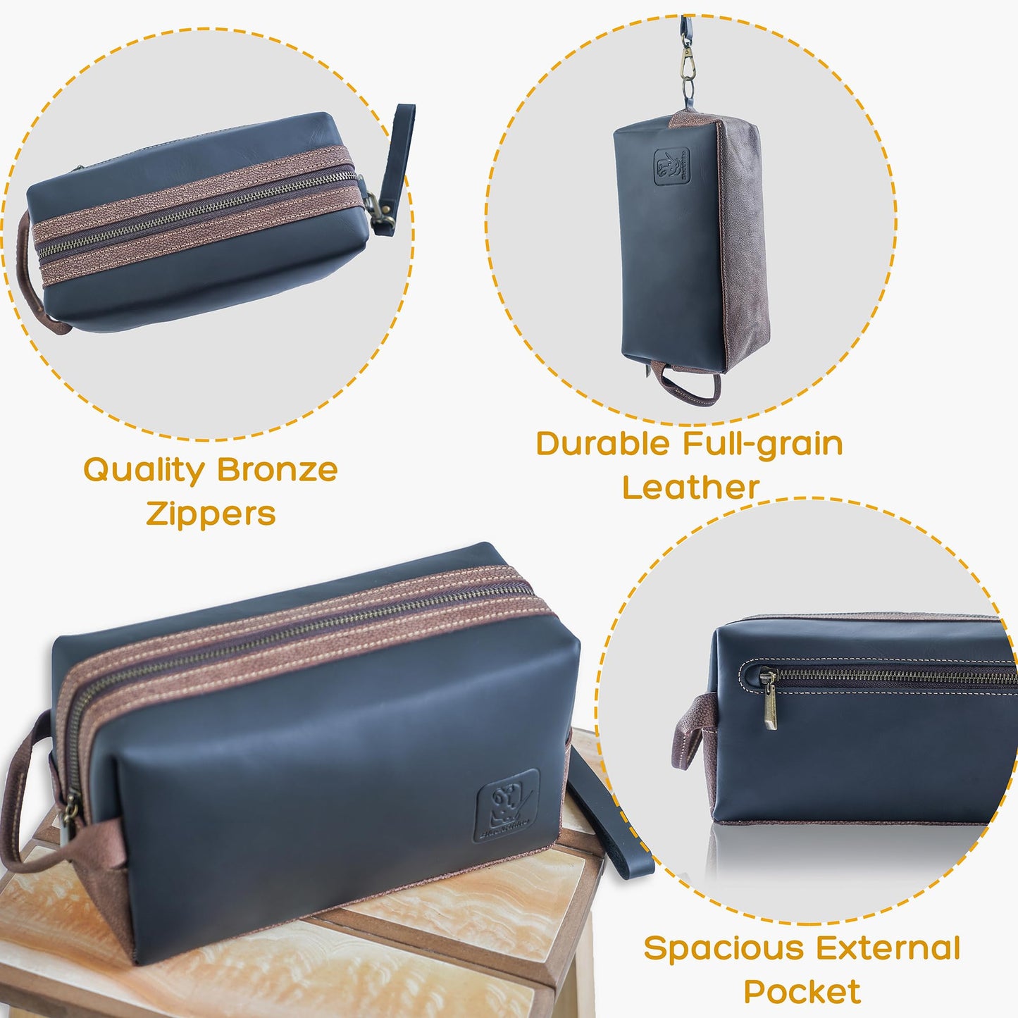 Premium Real Leather Toiletry Bag With Hook, Handmade Full-Grain Genine Leather Kit Bag for Men & Women, Water-Resistant Travel Organizer (Fits 3-4 oz Bottles) Luxury Shaving/Grooming Kit Gift