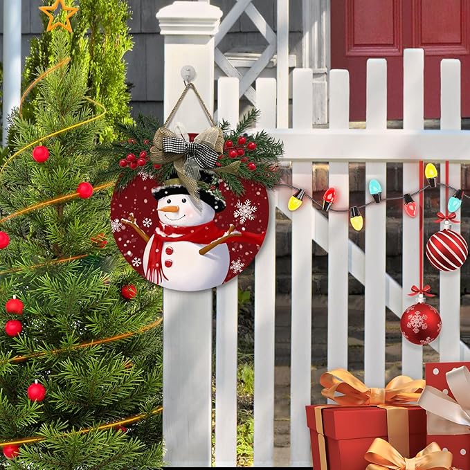 Snowman Door Sign Winter Cardinal Bird Poinsettia Hanging Sign with Wreath and Bow Xmas Snowflake Pines Holly Berry Round Wooden Front Door Sign for Seasonal Farmhouse Decor 12x12 Inch