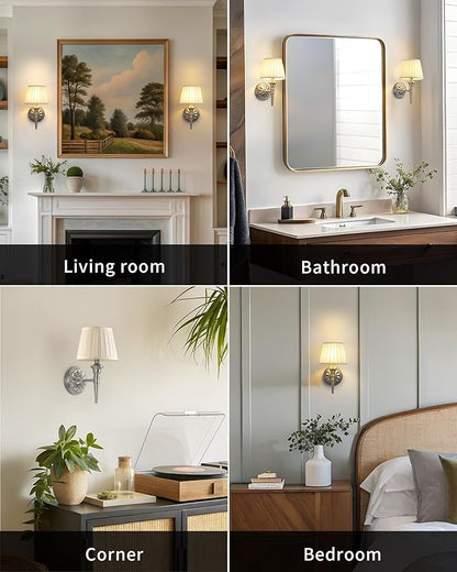 KDG Cordless Wall Sconces Set of 2, Small Wireless 5200mAh Rechargeable Battery Fabric LED Wall Lamps, Portables Lightings for Wall Painting, Living Room, Bedroom, Hallway, Gifts, Night Light (Nickel)