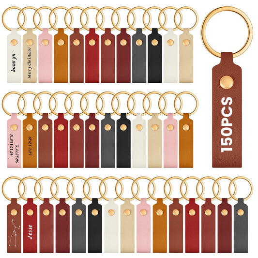 Wavyknot 100 Pcs PU Leather Keychain Blanks Bulk Laser Engraving Blanks Keychain Kit with Key Rings for DIY Key Chains Craft(3.7 x 0.7 Inches,Multicolor)