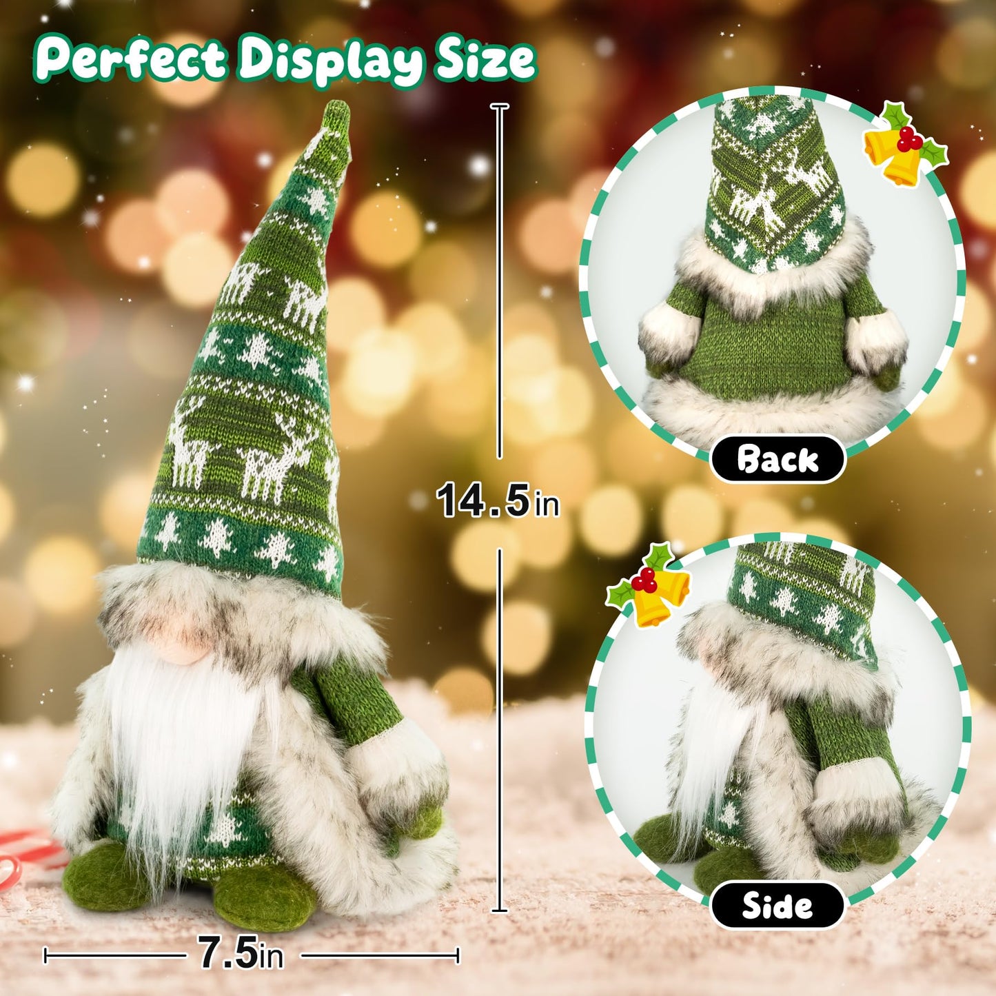 TACROART Gnome Christmas Decorations - Plush Nordic Figurine with Green Reindeer Knit Hat & Faux Fur Cloak, Rustic Tabletop Holiday Gnome Decor for Mantel, Shelf, or Gift Idea