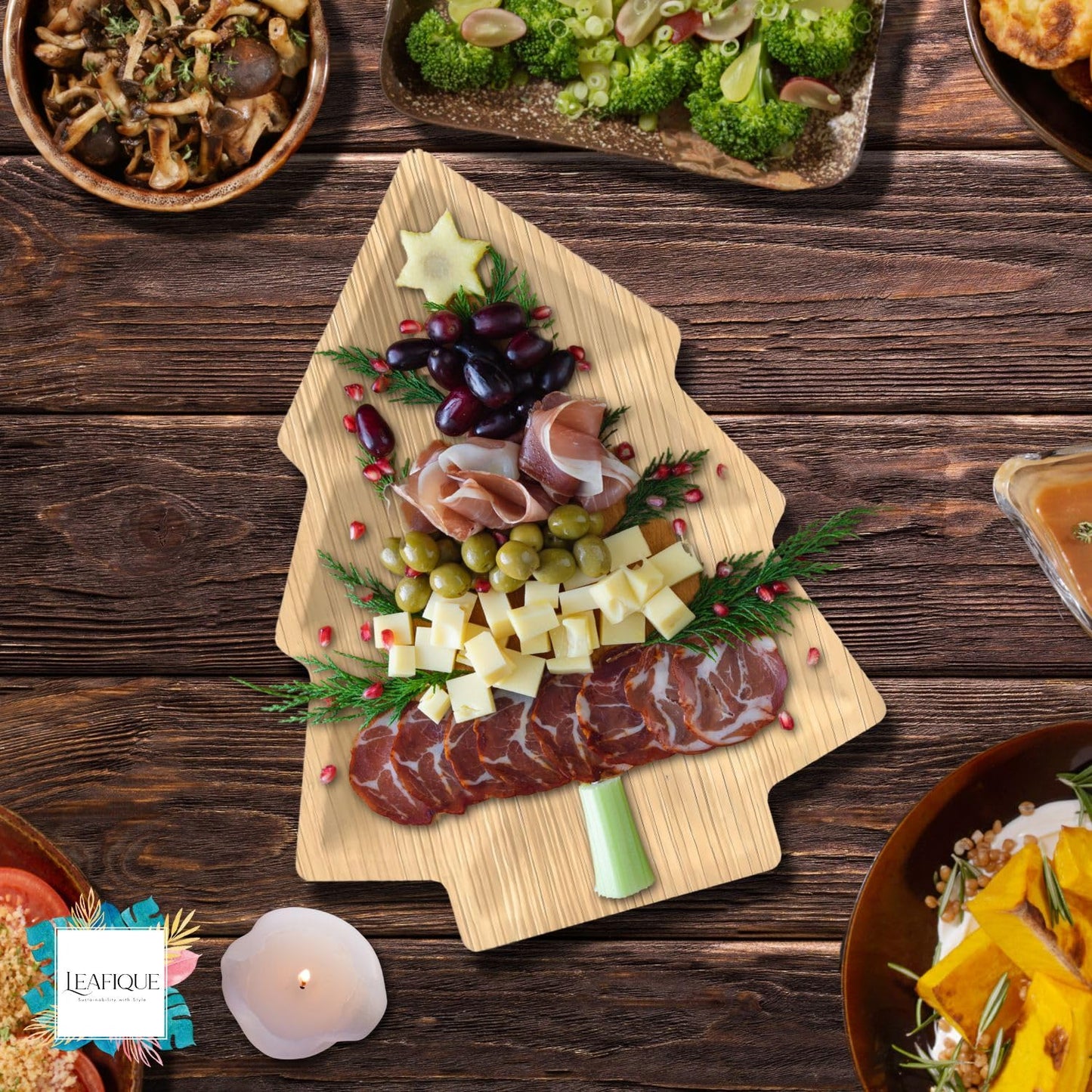 LEAFIQUE 12 x 8 Inch Palm Leaf Christmas Tree Trays – Eco-Friendly Charcuterie Board Tray, Biodegradable Disposable Holiday Serving Platters (Pack of 10)