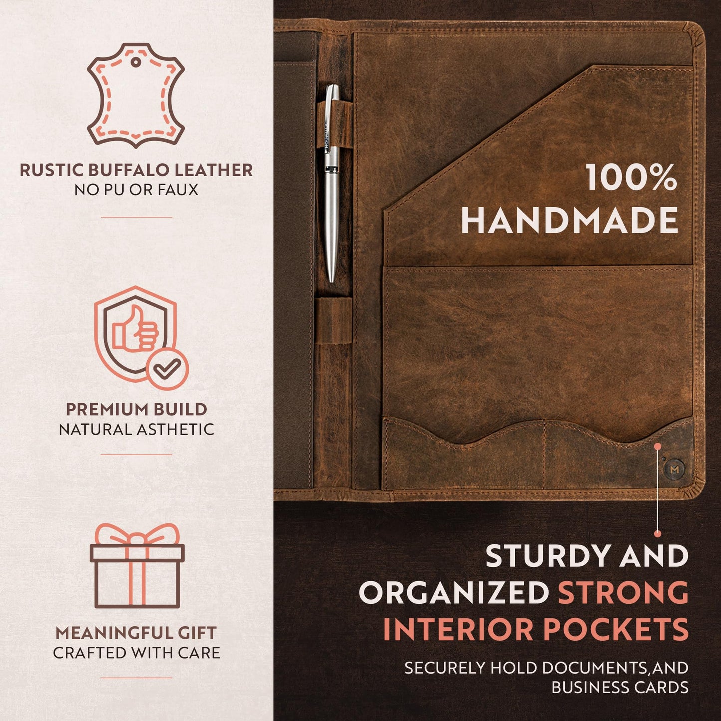 Moonster Leather Portfolio Professional Organizer Padfolio – Resume Folder with Luxury Pen - Leather Binder Portfolio Writing Pad with Business Card Holder - Portfolio Folder for Men & Women