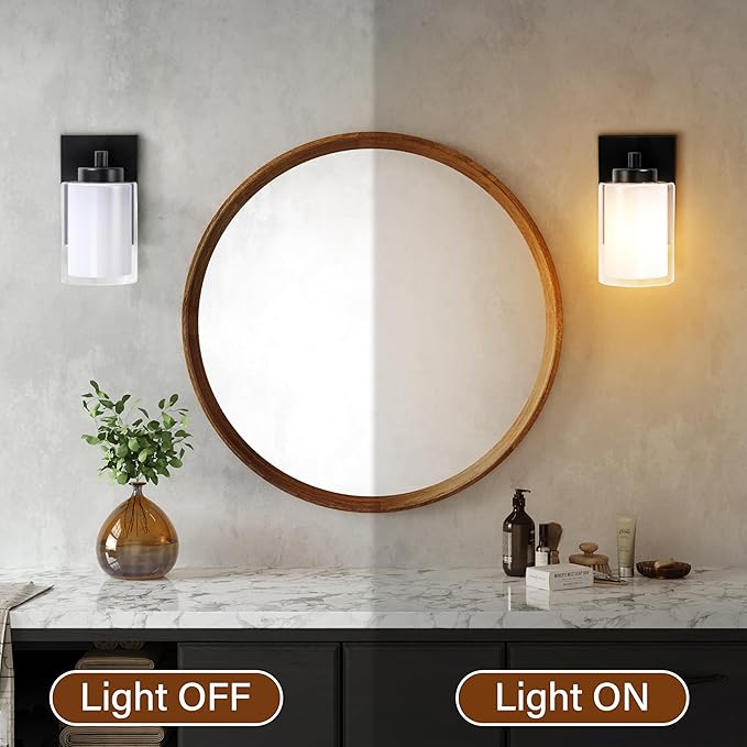 Pia Ricco Wall Sconces Set of Two, Hardwired Bathroom Wall Sconce with Double Glass Shade, Modern Bedside Wall Lamps, Farmhouse Vanity Light Black Wall Lights for Living Room, Bedroom, Hallway