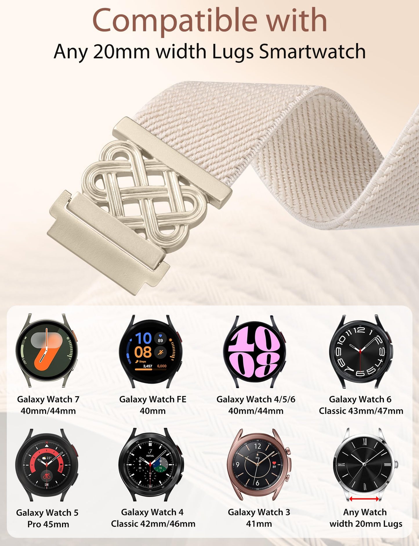 Minyee Magnetic Stretchy Band Compatible with Samsung Galaxy Watch 7/6/5/4/FE/Active 2 40mm 44mm/Watch 6 Classic 43mm 47mm/5 Pro 45mm Women, Celtic Knot Soft Elastic Nylon Fabric Strap,Champagne Gold