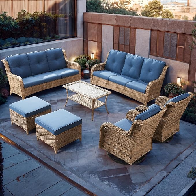 Rilyson Patio Furniture Swivel Chairs Set - 7 PC Wicker Rattan Outdoor Sectional Conversation Sets with 2 Rocking Chairs,2 Ottoman,2 Sofa and 1 Coffee Table for Porch Deck Garden(Yellow/Blue)