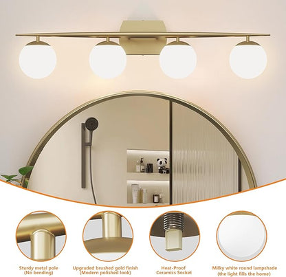 Gold Vanity Lighting Fixtures, 4-Light 34.7 Inch Modern Bathroom Light with Milky White Frosted Glass Shades, Wall Lights for Bathroom, Bedroom, Living Room(G9 Bulb not Included)