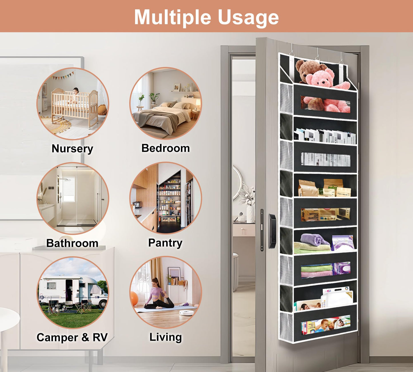 2 Packs 5-Tier Over The Door Organizer with 10 Side Mesh Pockets, 48 lbs Load Capacity, 3 Hooks Design, Hanging Organizer with Clear Windows for Bathroom, Bedroom, Nursery, Kitchen-Grey