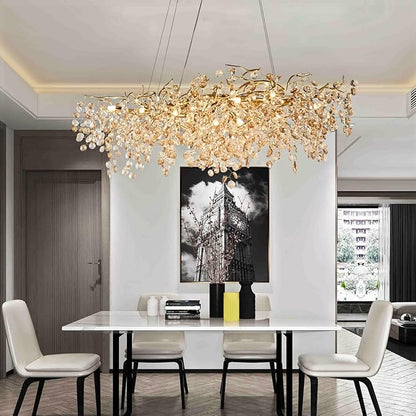 Modern Crystal Tree Branches Chandeliers Gold Luxury Round Raindrop Pendant Light Fixture 12 Light Ceiling Hanging Light for Dining Room Bedroom Living Room Entryway