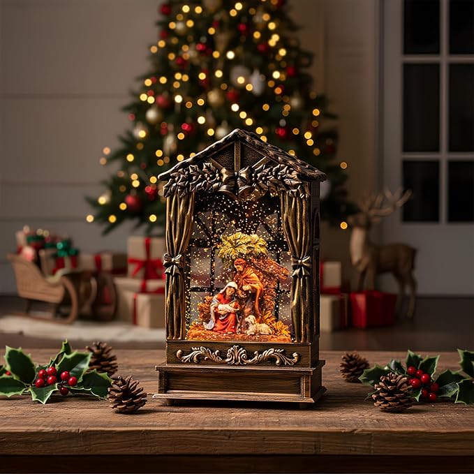Christmas Snow Globe Swirling Glittering Holy Family Manger Scene, USB Lined/Battery Operated Lighted Water Lantern for Christmas Festival Decoration Gifts