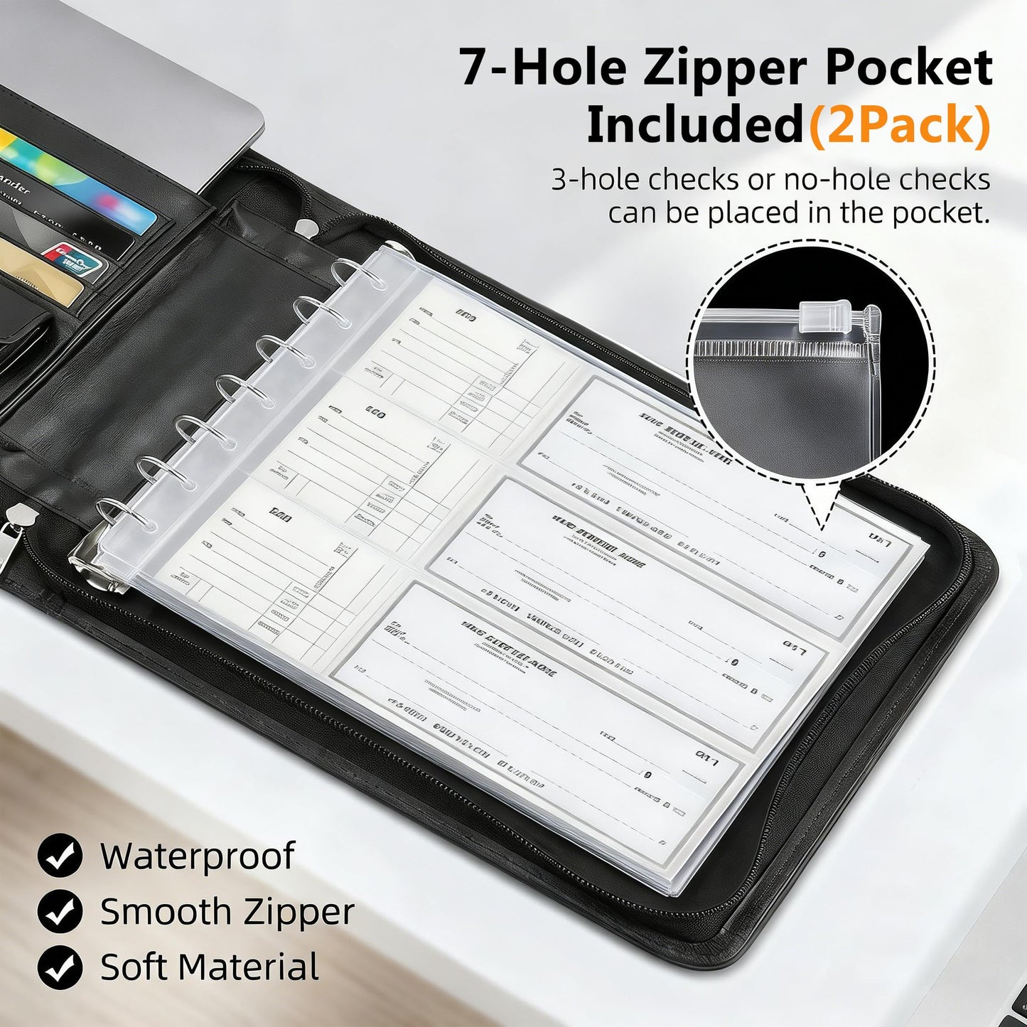 Toplive Zippered 7 Ring Business Checkbook Binder Extra-Large, 2Pack 7-Hole Pouch, 600 Checks Capacity, PU Leather Check Book Binder Cover with Multi-Pocket Design for Office & Business Use, Black