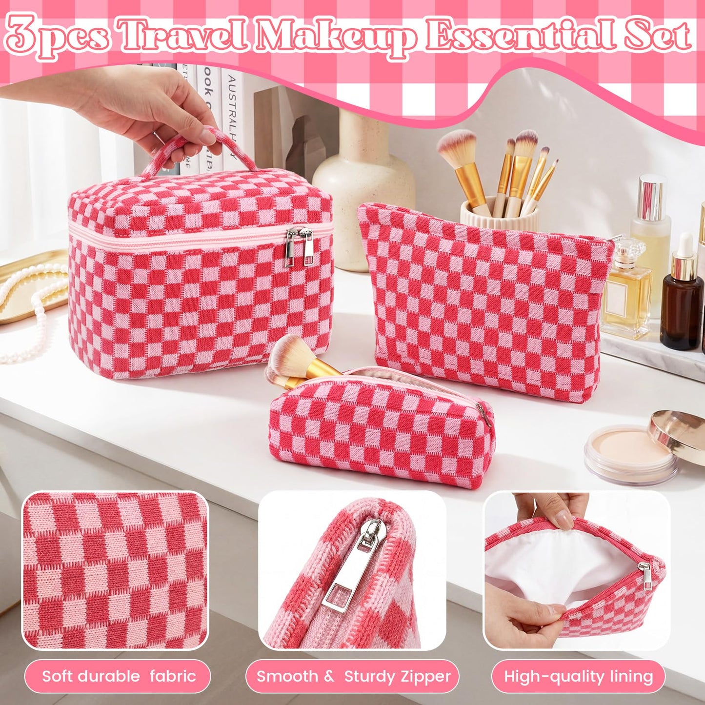 Gilprop 3 Pcs Knit Checkered Makeup Bags Zipper Cosmetic Bag for Purse Large Travel Toiletry Bag Organizer Portable Accessory Pouch Brush Bags Pencil Case for Women (Hot Pink)