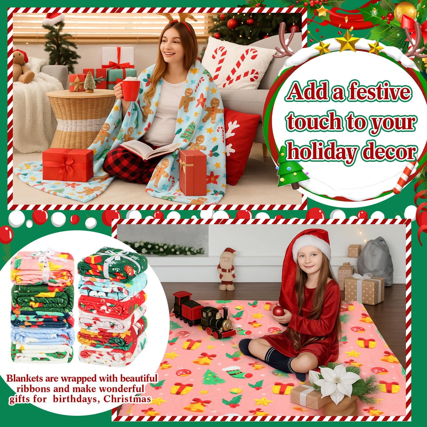 Windkream 12 Pcs Christmas Throw Blankets for Homeless with Ribbon Xmas Flannel Fleece Blankets Gingerbread Snowman Lightweight Soft Plush Couch Throw for Bedroom Winter (50 x 60 Inch)