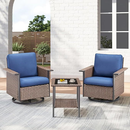 3 Pieces Outdoor Patio Furniture Set-Wicker Patio Swivel Rocker Chairs Set of 2 with Outdoor Side Table, Comfy Rattan Glider Chairs Outdoor Seating Furniture for Porch Deck Balcony Garden Brown/Blue