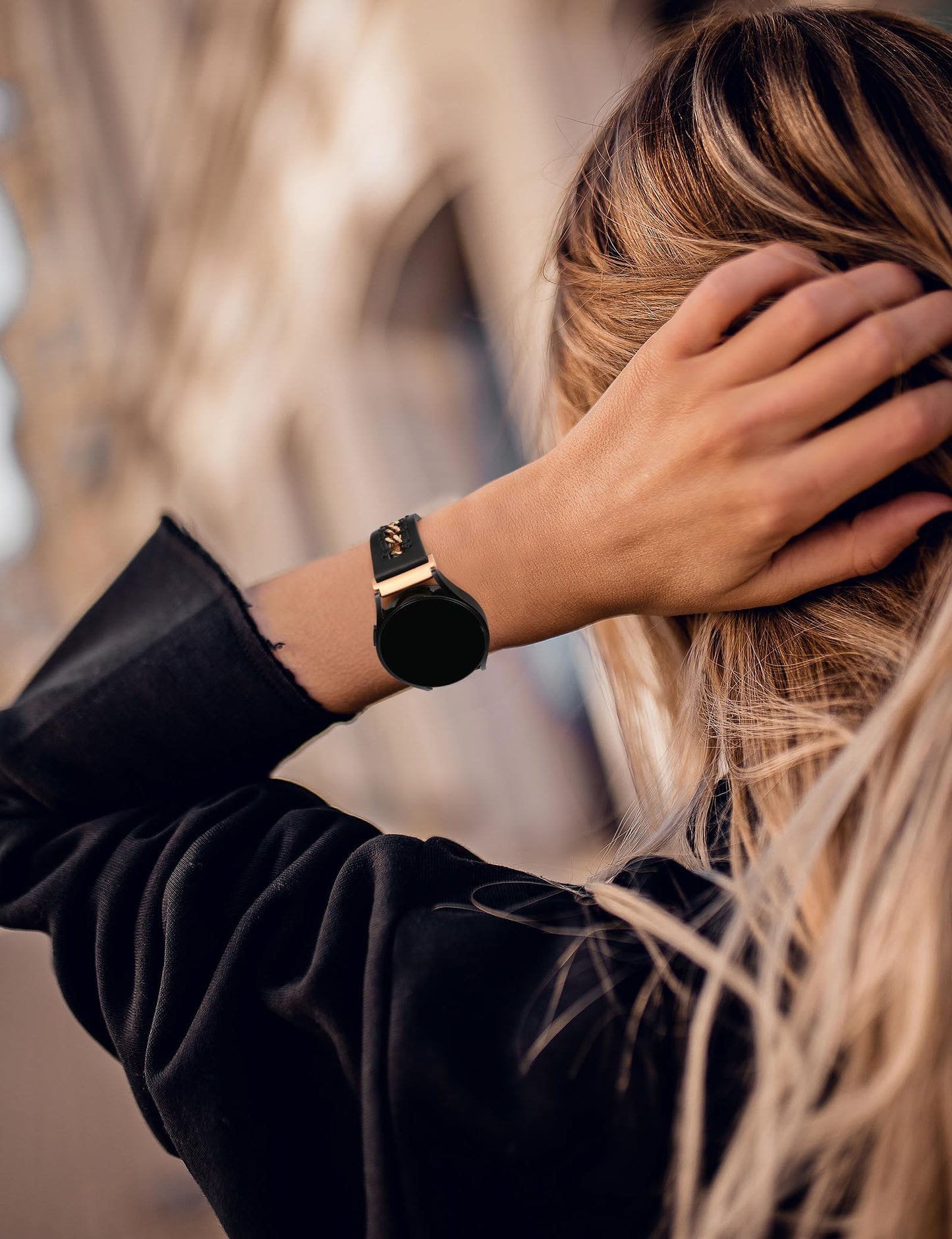 Minyee Leather Band Compatible with Samsung Galaxy Watch 7/6/5/4/FE/Active 2 40mm 44mm/Watch 6 Classic 43mm 47mm/Watch 5 Pro 45mm Bands, 20mm Dressy Leather Strap with Metal Chain, Black/Rose Gold