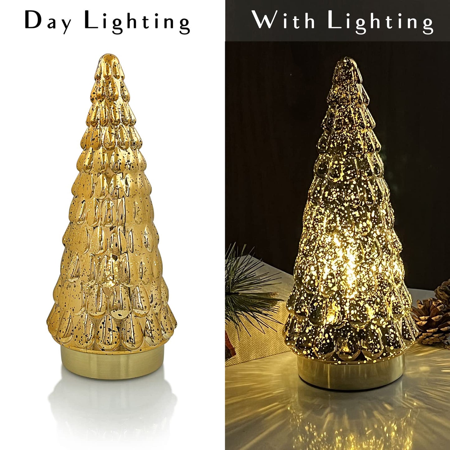 SHMILMH Gold Mercury Glass Christmas Tree Set of 2, Tabletop Christmas Tree with Light, Battery Operated Small Xmas Tree for Fireplace Centerpiece Decorations 10"