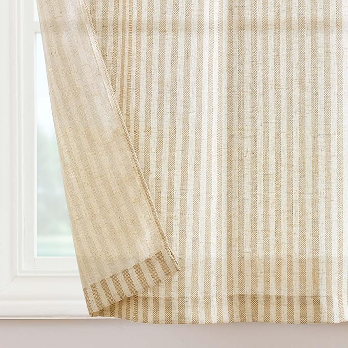 jinchan Tie Top Linen Kitchen Curtains 24 Inches Striped Tier Curtains Farmhouse Modern Cafe Style Small Window Treatments Airy Light Filtering Rod Pocket for Living Room Bathroom 2 Panels Beige