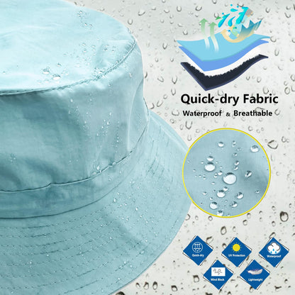 woogwin Waterproof Bucket Rain Hat with Chin Strap Quick Dry Packable Boonie Sun Hat Safari Hat UV Protection(Light Blue), Medium-X-Large