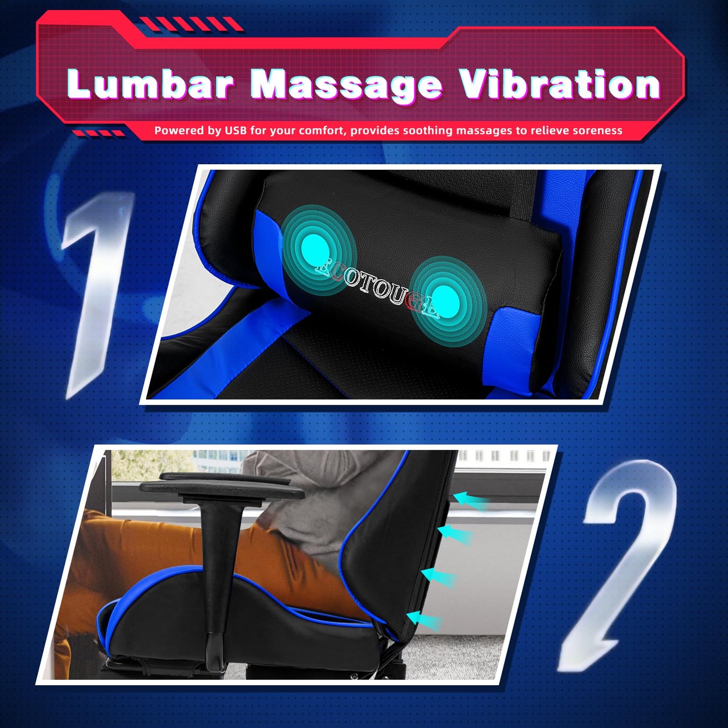 ECOTOUGE PC Massage Gaming Chair with Footrest Ergonomic Office Desk Chair Racing PU Leather Recliner Swivel Rocker with Headrest and Lumbar Pillow, Blue