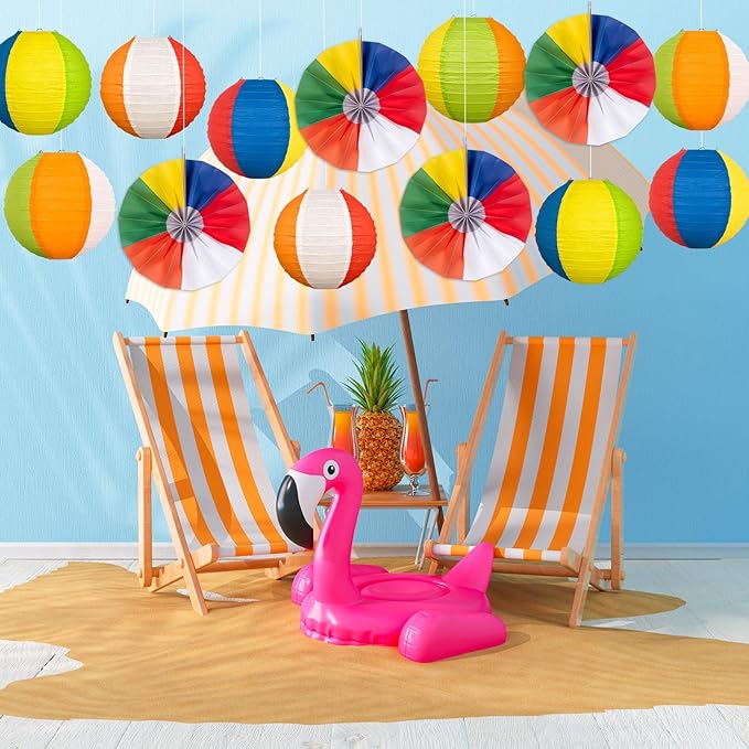 36Pcs Summer Beach Party Decorations Paper Lanterns Paper Fans - Luau Pool Hawaiian Tropical Themed Hanging Decor for Home Birthday Outdoor Indoor