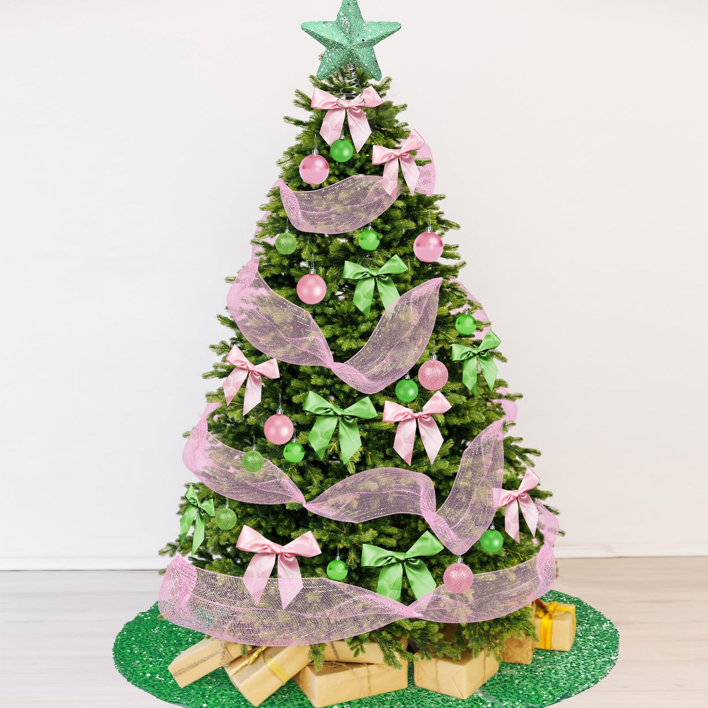 Cinrobiye Christmas Tree Decoration Set Including 48 Christmas Ornaments Balls,12 Bows,Tree Topper,Tree Skirt,Mesh Ribbon for Xmas Trees Holiday Party Garland Indoor DIY (Pink&Green)