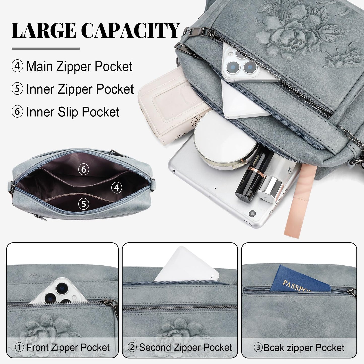 VIMUTI Crossbody Bags for Women Trendy, Vegan Leather Crossbody Purses Travel Shoulder Handbags Embossed Design (Blue)
