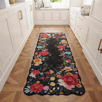 Kitchen Rug Runners for Hallways: 2x6 Washable Runner Rugs for Kitchen Ultra Thin Stain Resistant Non Slip Low Pile Lightweight Vintage Floral Carpet for Laundry Room, Bedside Decor (Black)