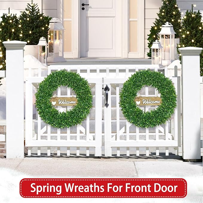 22 Inch Christmas Wreath Boxwood Wreath Realistic with Welcome Sign Faux Green Preserved Boxwood Wreaths Outdoor Spring Fall Winter Wreaths for Front Door Outside for Porch Farmhouse Wall Home Decor