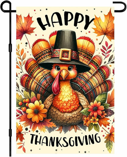 Thanksgiving Garden Flag 12x18 Inch Double Sided Turkey Flags Happy Fall Pumpkin Leaves Acorn Small Yard Flag Autumn Harvest Decoration for Outdoor Porch Lawn Holiday Seasonal Display