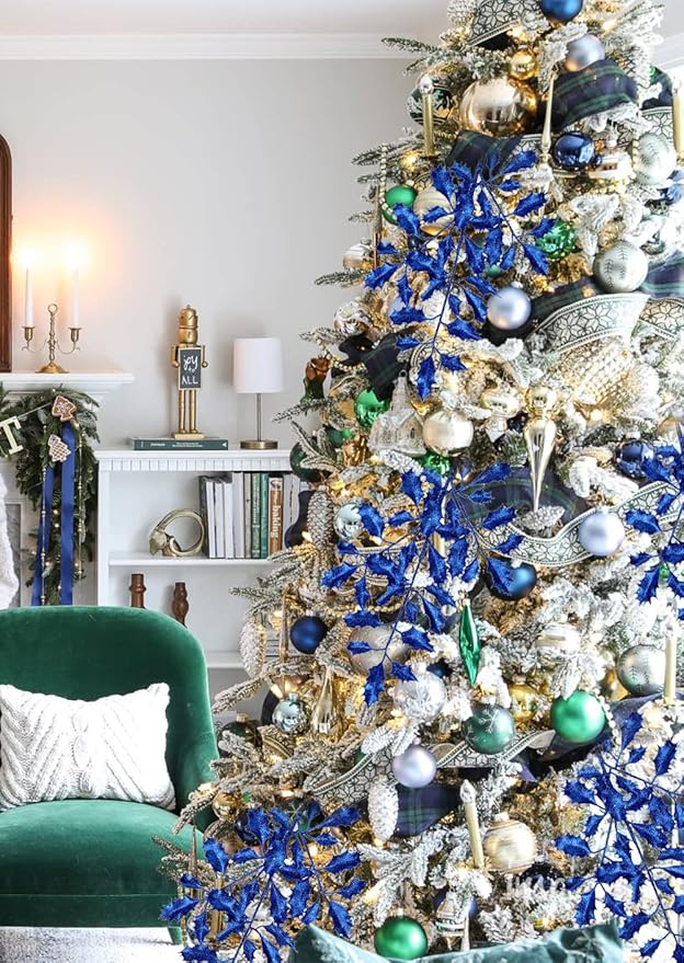 DILATATA 6Pcs Christmas Glitter Leaves Holly Leaves 23" Artificial Royal Blue Holly Leaf Picks Sprays Giltter Stems for Christmas Tree DIY Xmas Wreath Garland Home Decor - Royal Blue
