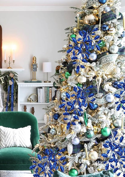 DILATATA 6Pcs Christmas Glitter Leaves Holly Leaves 23" Artificial Royal Blue Holly Leaf Picks Sprays Giltter Stems for Christmas Tree DIY Xmas Wreath Garland Home Decor - Royal Blue