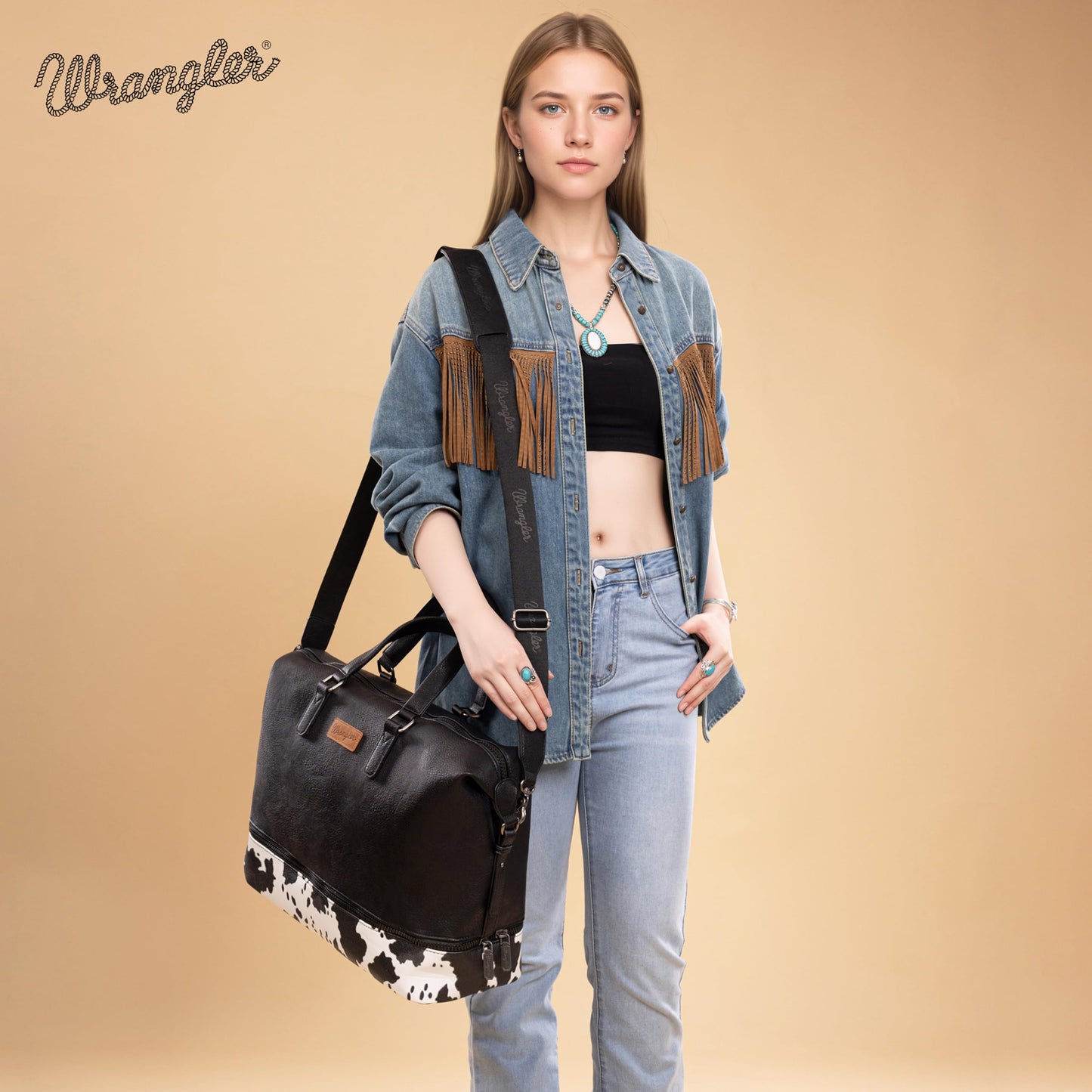 Wrangler Travel Duffel Bag Carry On Overnight Bag with Shoe Compartment Cow Print Weekender Bag for Women WG253-5110COW-BK
