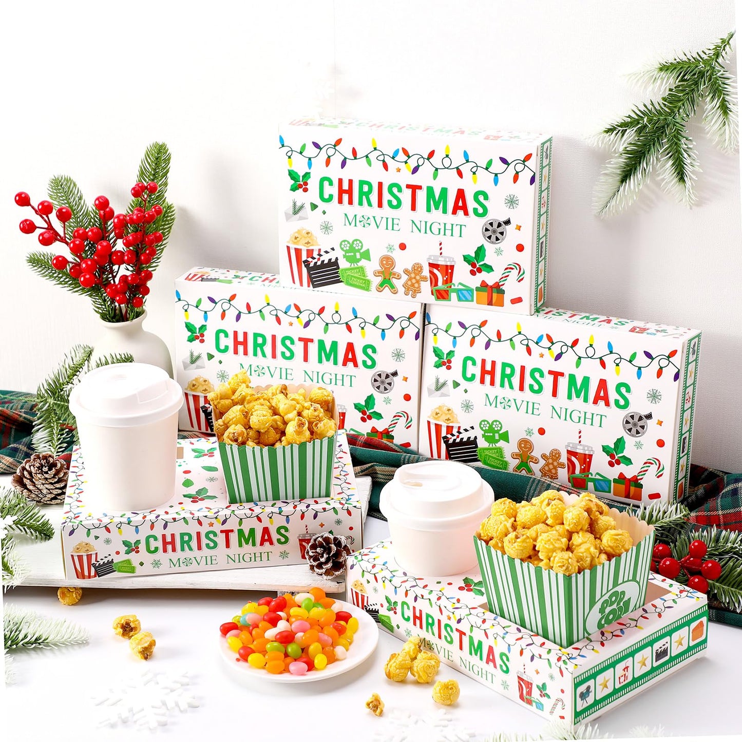 Dunzoom 20 Pcs Christmas Movie Night Supplies Movie Night Paper Snack Trays Popcorn Candy Holder Theater Snack Boxes Cardboard Holder Food Trays for Party
