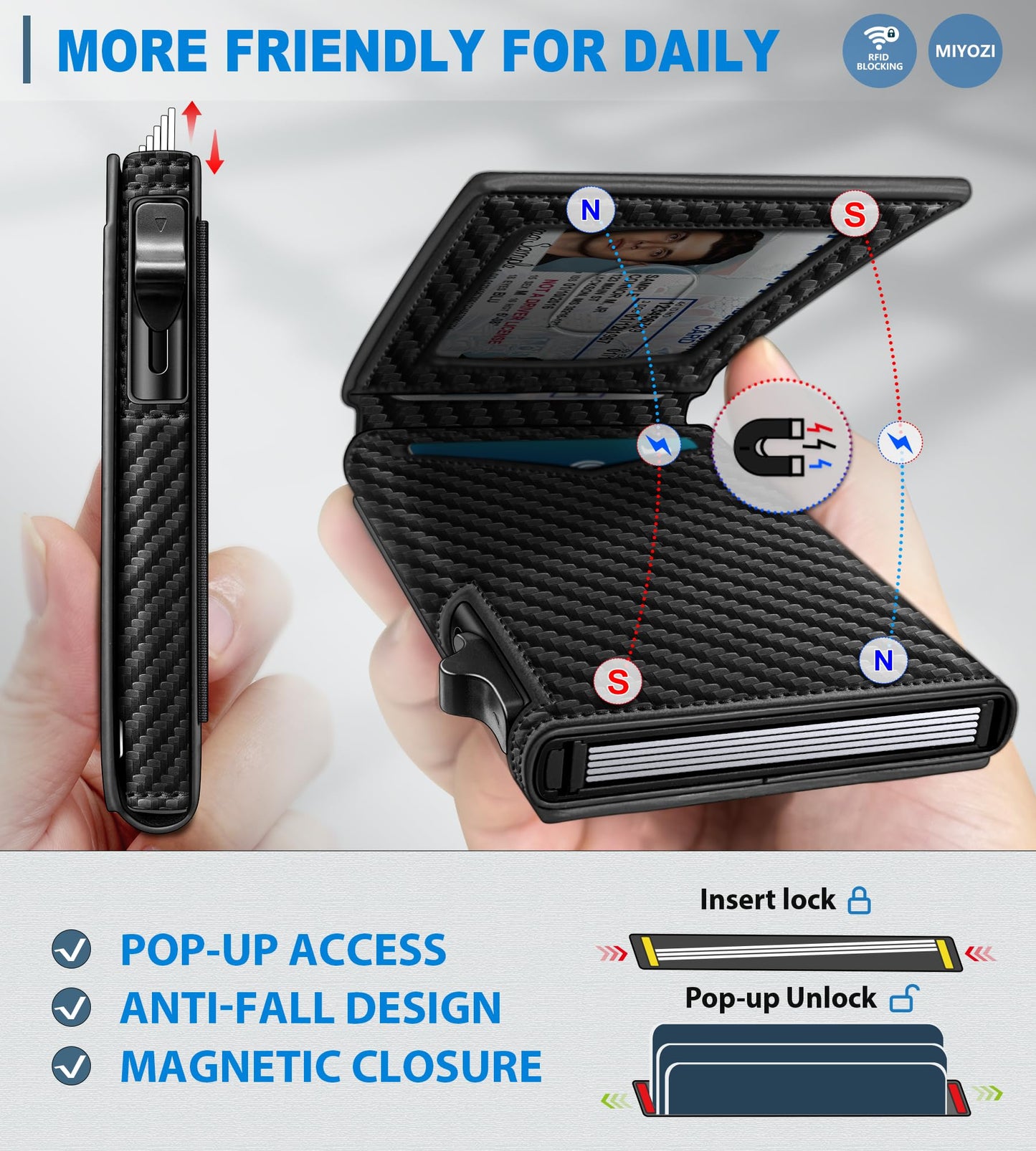 miyozi Wallet for Men, Slim Pop Up Card Holder - RFID Blocking Minimalist Bifold Wallet with ID Window, Holds 9-11 Cards & Stretchable Strap, Metal Flip Case with Magnetic Closure, Gift Box