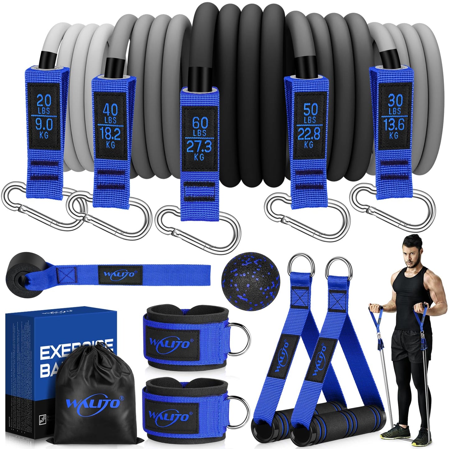 WALITO Resistance Bands Set - Exercise Bands with Handles, Door Anchor, Legs Ankle Straps, for Heavy Resistance Training, Physical Therapy, Muscle Training, Yoga, Home Workouts, Gym
