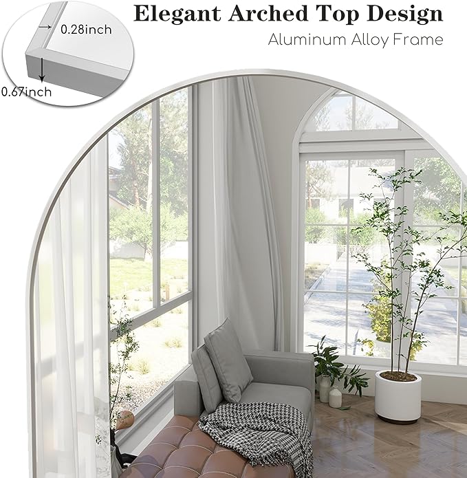 Full Length Mirror, 71"x30" Arched-Top Floor Mirrors, Modern Full Body Mirrors with Stand, Wall Mirror with Aluminum Alloy Frame for Bedroom,Living Room, White