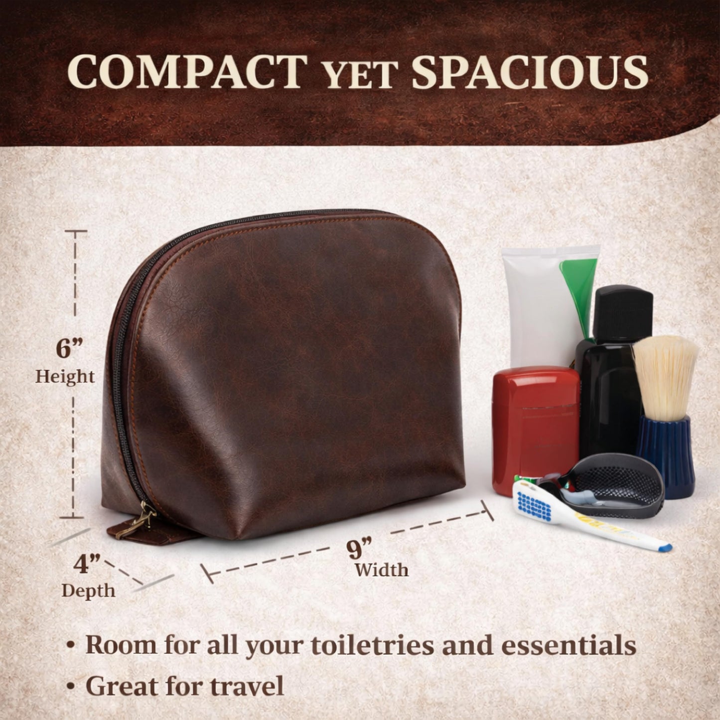 TheAntiq Genuine Leather Toiletry Bag for Men & Women, Leather Makeup Bag, Travel Dopp Kit Organizer with YKK Zipper, Handmade Cosmetics Case for Toiletries & Makeup (9 x 6 x 4 Inch)