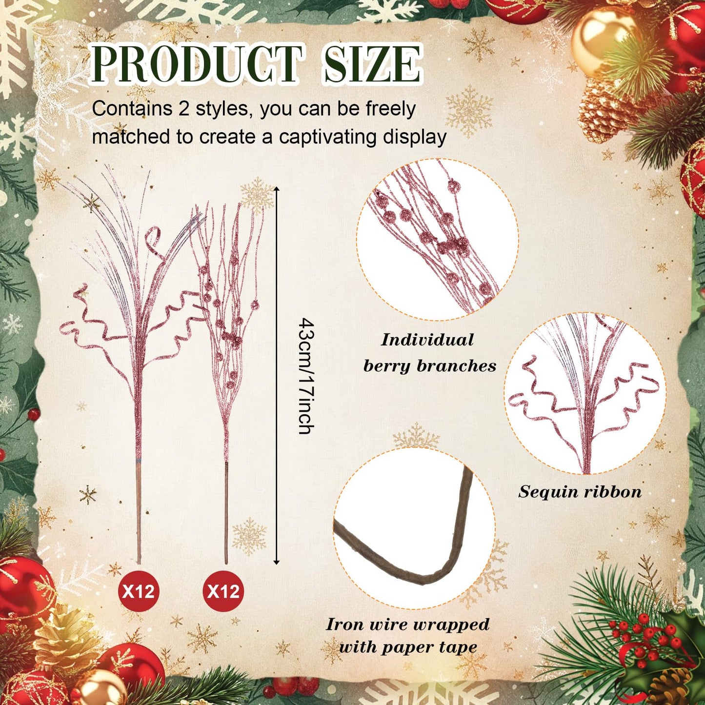 Crowye 24 Pcs Christmas Tree Picks and Sprays Christmas Tree Filler Decorations Artificial Glitter Berry Stems Branches Picks for Xmas Trees Topper Glittery Twigs for Vases Wreath Decor(Rose Gold)