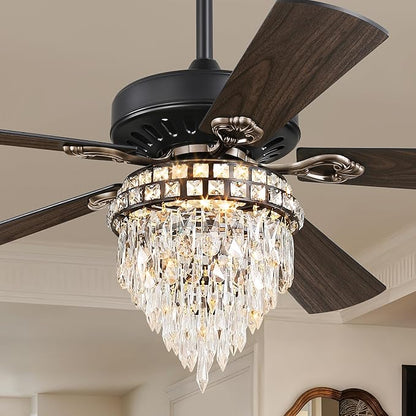 Fanbulous 52 Inch Farmhouse Fandelier Ceiling Fan with Light, Crystal Ceiling Fans Chandelier with 6 Speeds, Quiet Reversible Noiseless DC Motor, 3CCT, Indoor Ceiling Fan for Living Room Bedroom