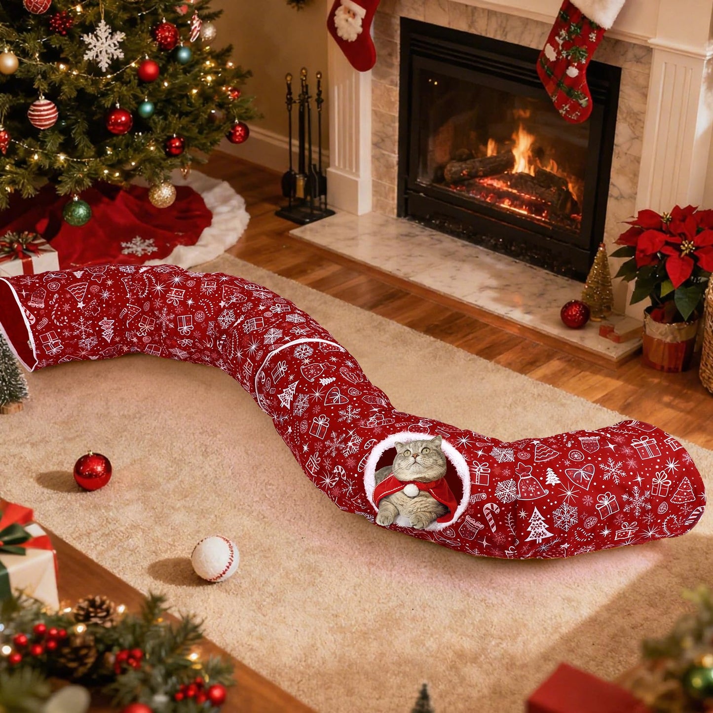 SilTriangle Cat Tunnel Christmas Tree Skirt Cat Donut Tunnel Bed for Indoor Cats with Ball Snowflake Collar Cats Cave for Small Medium Kitten Puppy Under Xmas Trees Decor Gift(Gift Box)