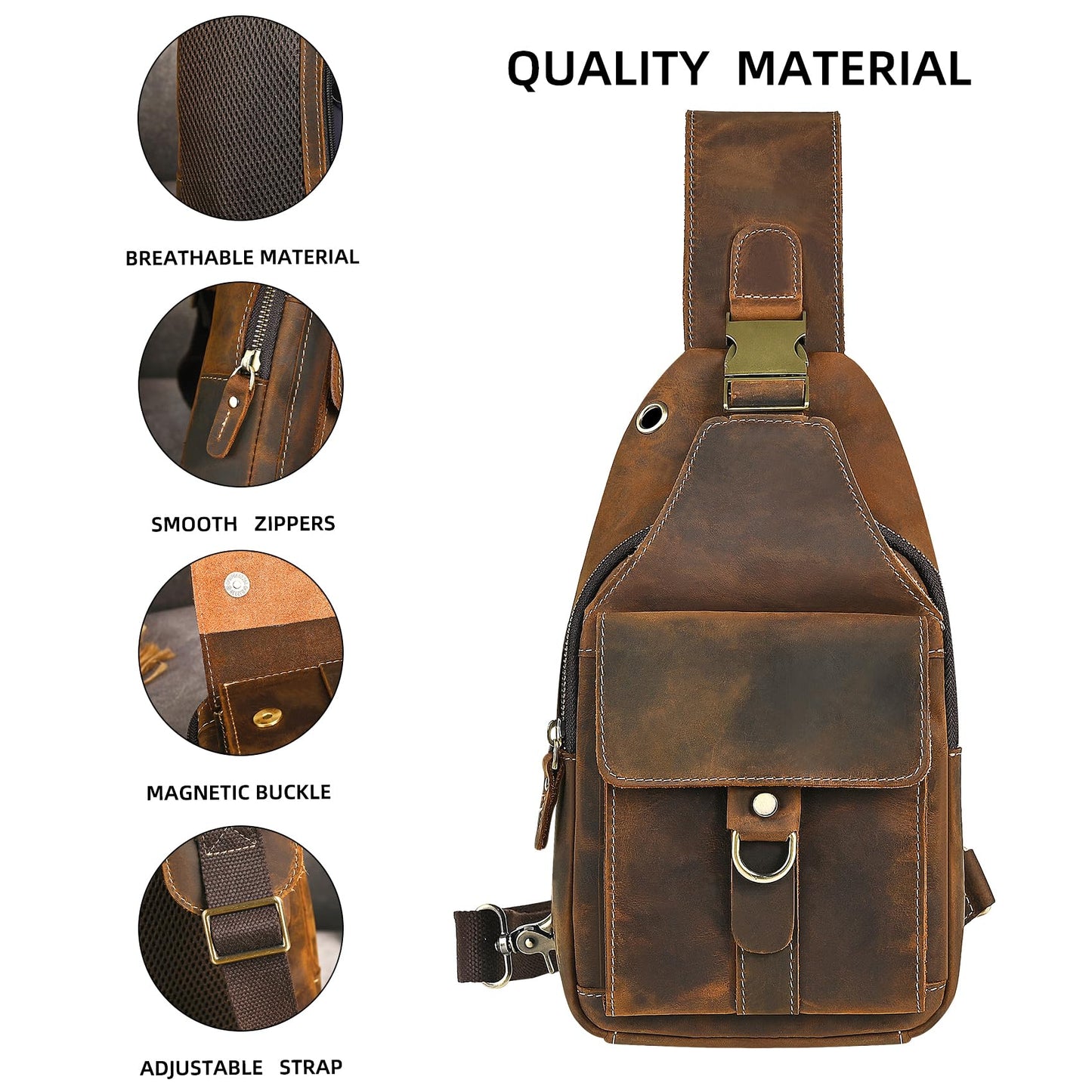 Handadsume Genuine Leather Hiking Travel DayPack Sling Crossbody Triangle Chest Pack Bag For Men Women 8241 (Coffee 258204)