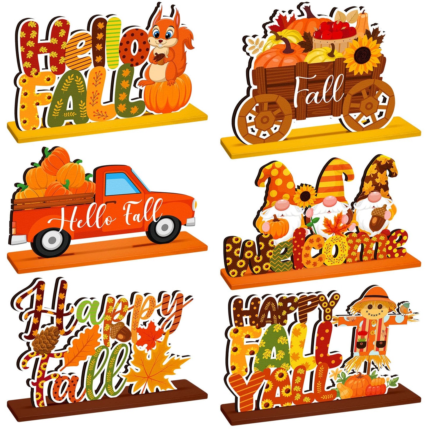 CroBlissful 6 Pcs Thanksgiving Decorations for Home Fall Table Centerpiece Hello Autumn Wooden Table Sign Pumpkin Gnome Truck Wood Tabletop Decor Harvest Party Decorations, 6 Styles