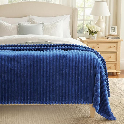 decorUhome Soft Fleece Navy Blue Blanket Queen Size for Bed, Cozy Fluffy Plush Flannel Large Striped Throws for Couch Sofa, Lightweight Decorative Fuzzy Blanket for Woman, 90x90 Inches