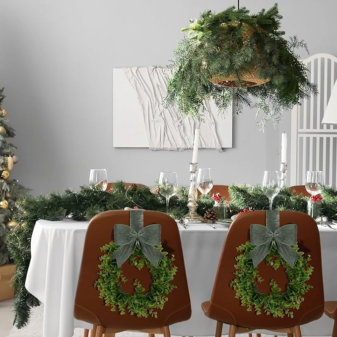 WILLBOND 4 Pcs Christmas Kitchen Cabinet Wreath Boxwood Garland with Ribbon Greenery Garland Hanging Wreaths for Cabinet Wall Window Door Fireplace Party Farmhouse Decor(Green,Velvet)