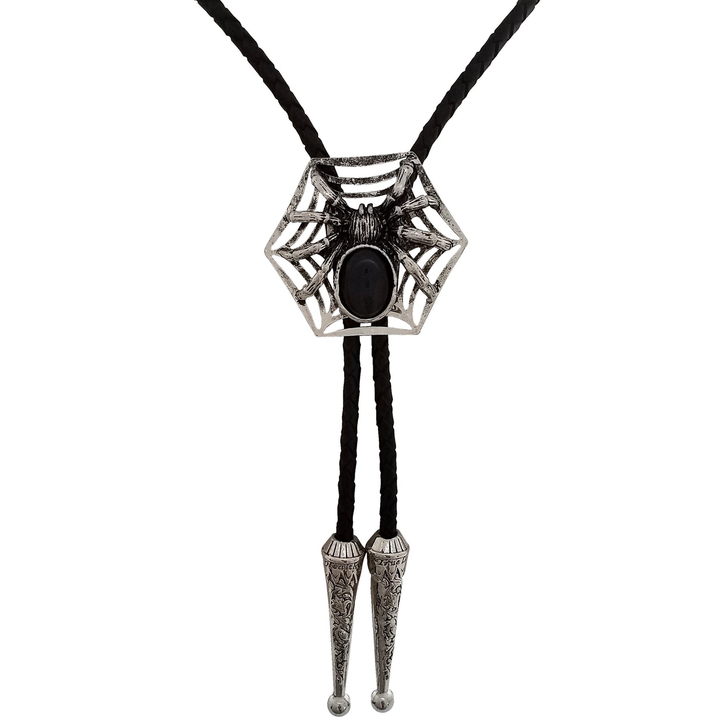 SELOVO Spider Bolo Tie Genuine Leather Antiqued Silver Tone Black Stone Halloween